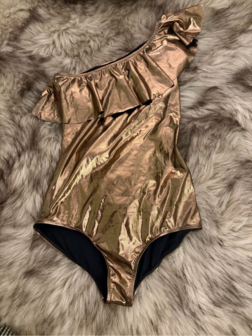 Isabel Marant Metallic Bronze One-Shoulder Ruffle One-Piece Swimsuit